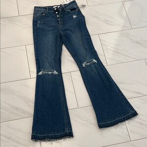 Cello High Rise Distressed Flare Jeans - Dark Blue